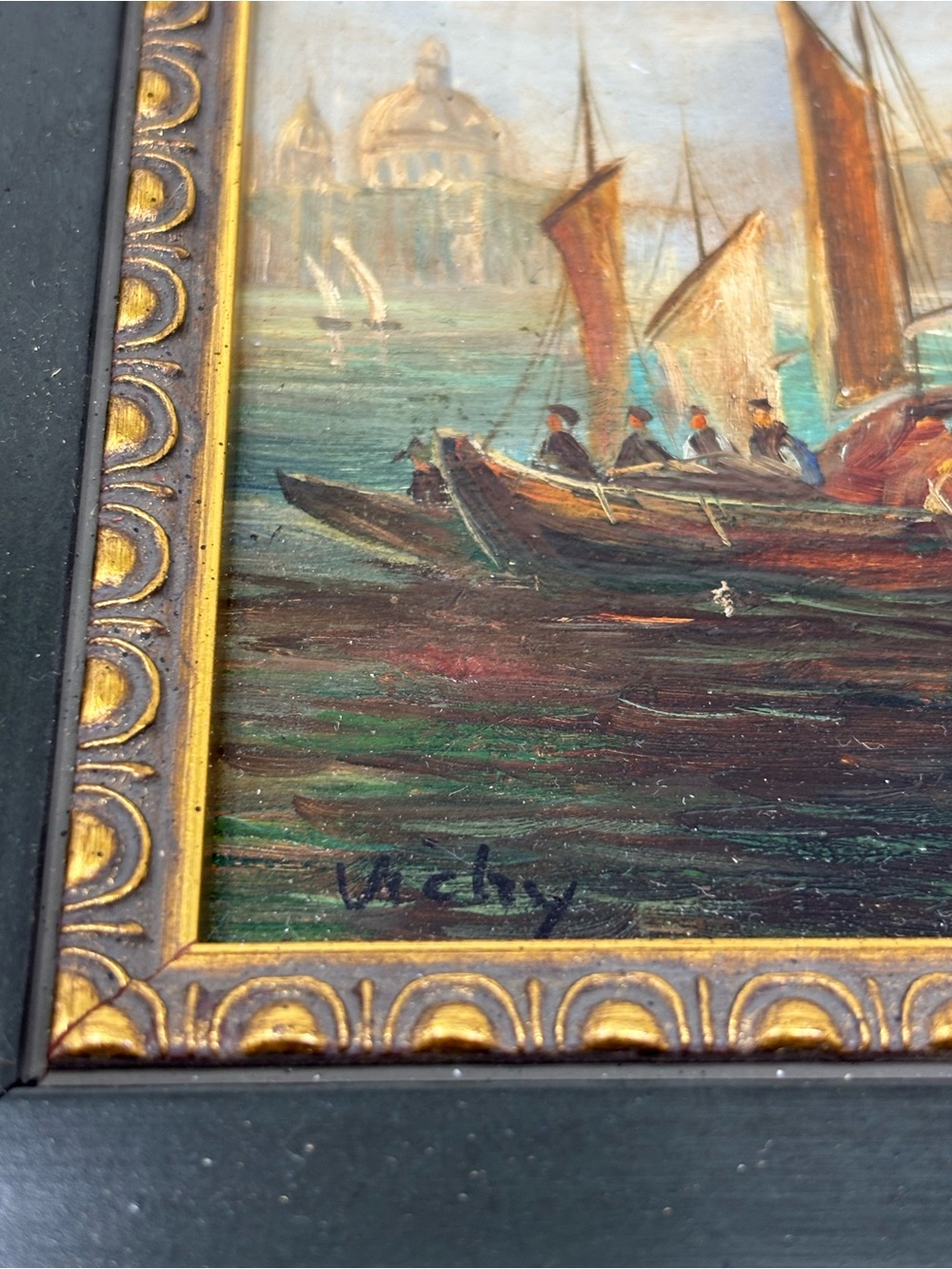 Antique Style Harbor Scene Painting sailboats And Figures Signed “Vichy” - Picture 4 of 8